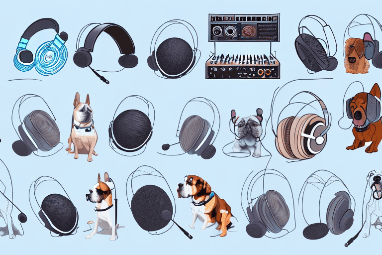 A variety of different dog breeds wearing headphones and interacting with music production equipment like mixing boards