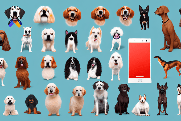 Various distinct dog breeds interacting with a large