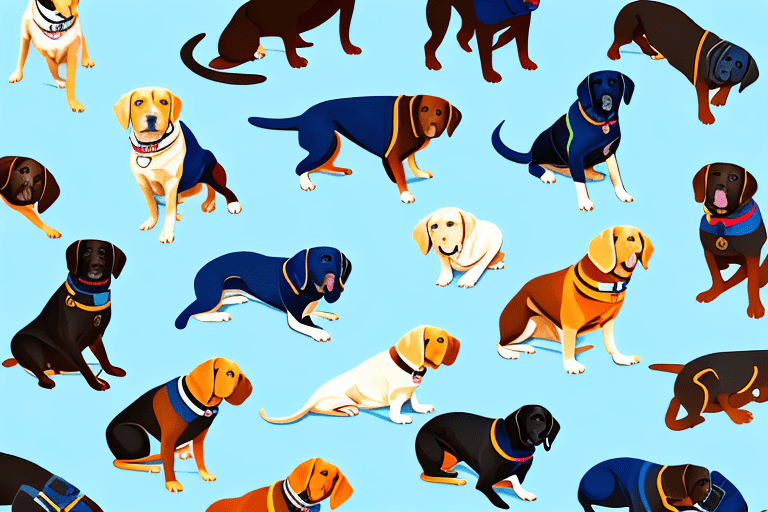 Several different types of labradors in various colors and sizes