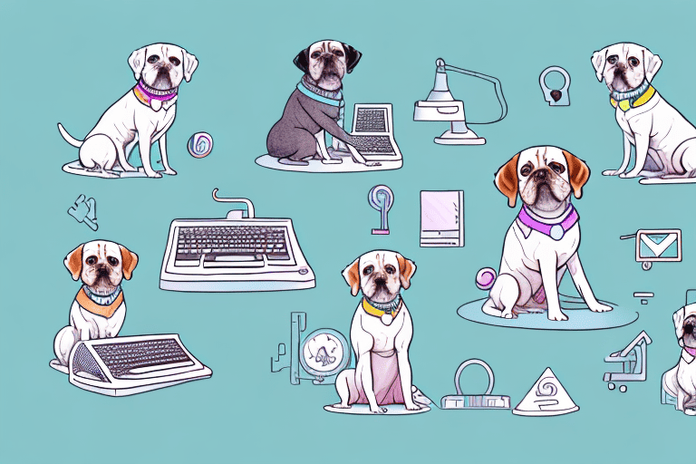 Several different breeds of dogs sitting in front of computer keyboards