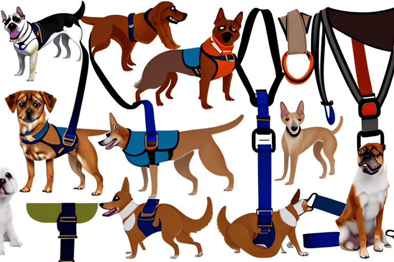 Several distinct types of dog walking harnesses