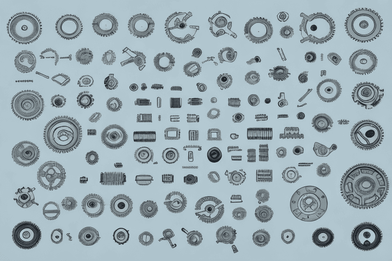 Various dog breeds interacting with different types of transmission gears and machinery