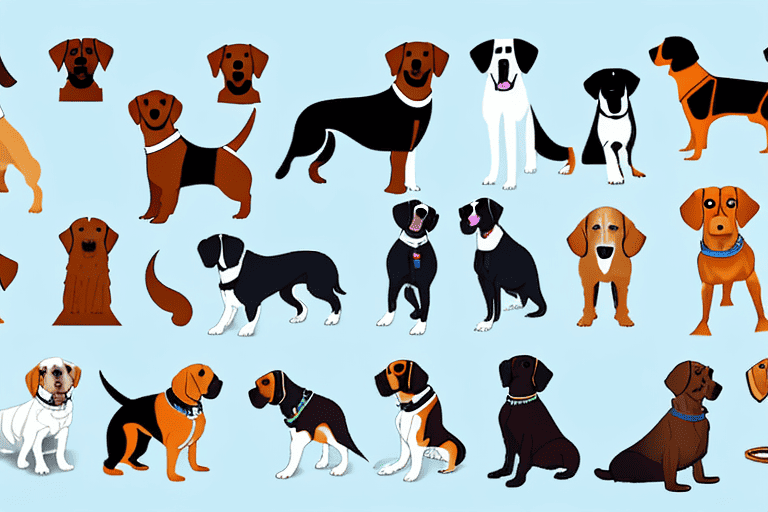 Various breeds of dogs showcasing distinct characteristics such as a playful labrador