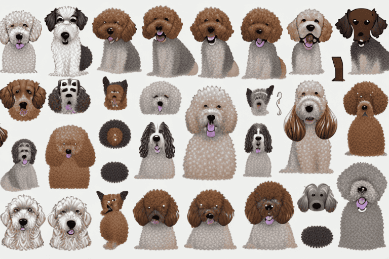 Various doodle dog breeds in different poses