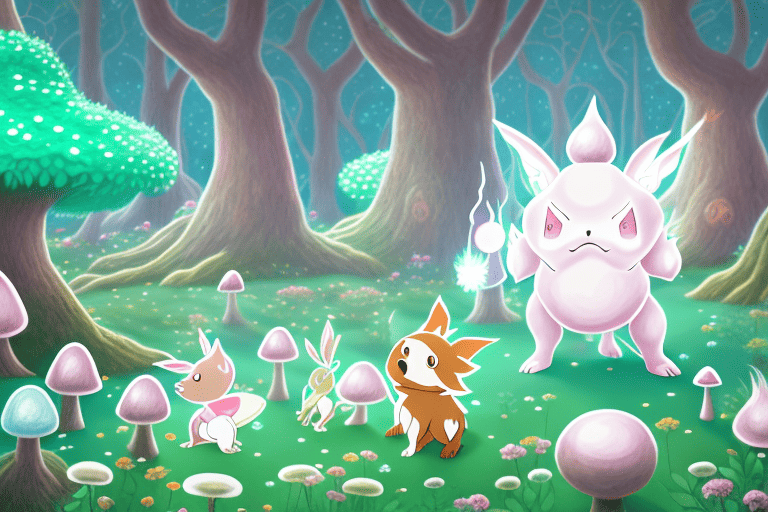 A whimsical forest scene filled with various fairy-type dog pokémon