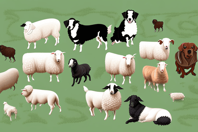 Several distinct breeds of dogs in a farm setting