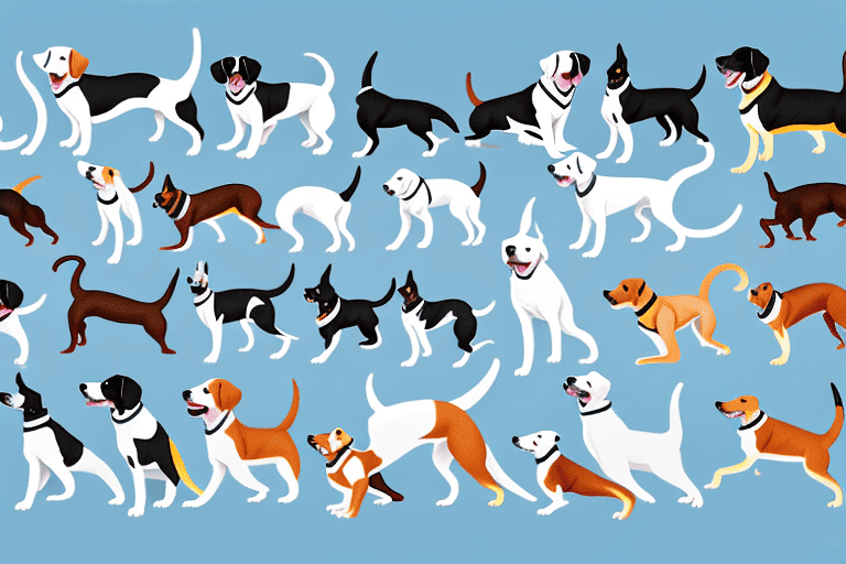 Several different dog breeds in a dynamic race