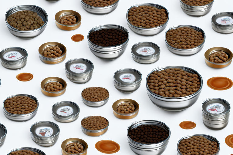 Various types of dog food including dry kibble