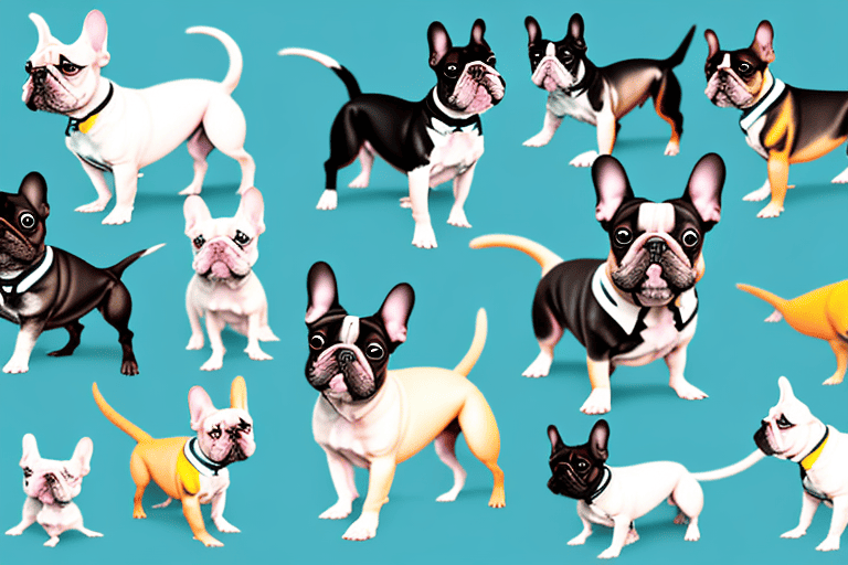 Several different types of frenchie dogs in various playful poses