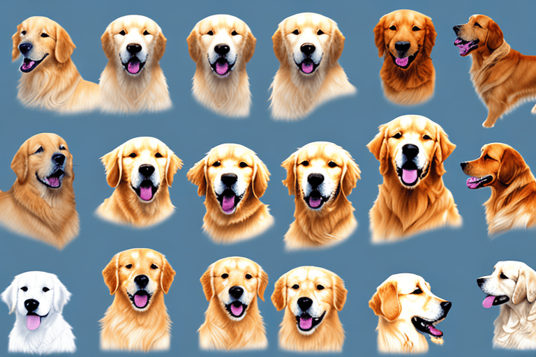 Several different types of golden retriever breeds in various poses