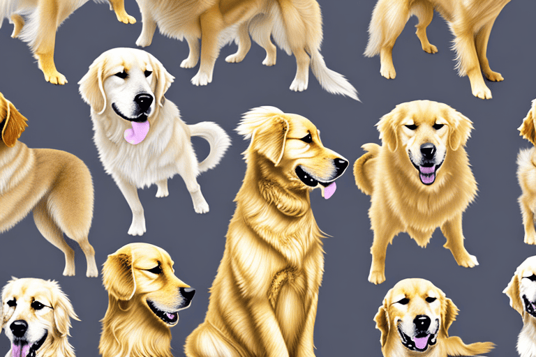 Several different types of golden retriever dogs showcasing their varying shades of gold