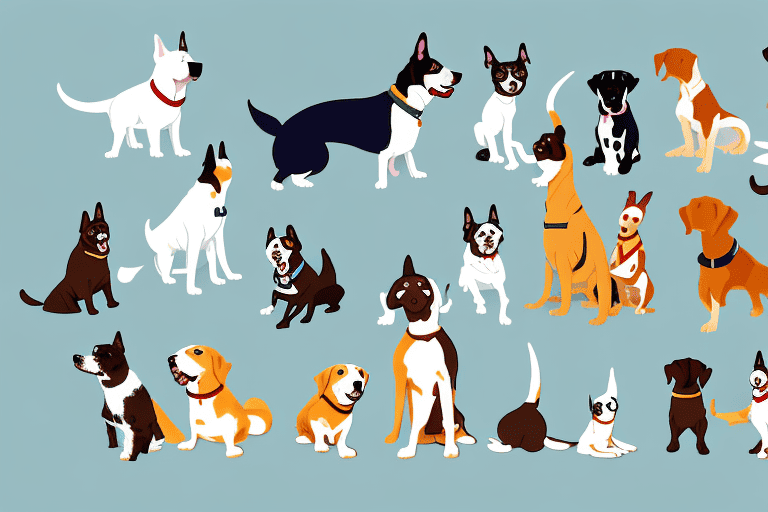 Various types of family-friendly dogs interacting playfully in a home environment