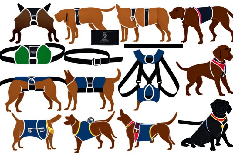 Different types of h type dog harnesses laid out