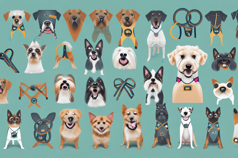 A variety of halter type dog collars displayed on a background of grass and dog toys