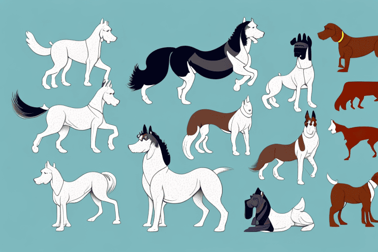 Several distinctive horse-sized dog breeds in a lush