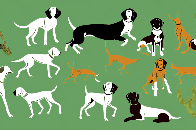 Several different types of hunting dogs in various hunting poses