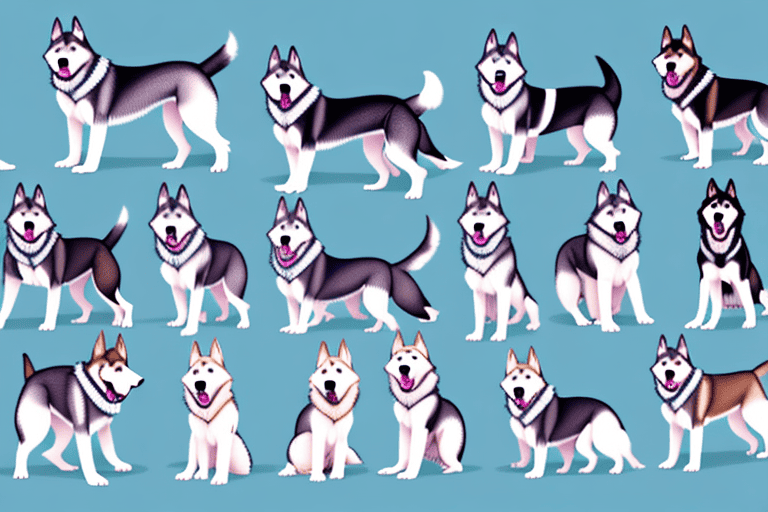 Several different husky-type dog breeds in various poses