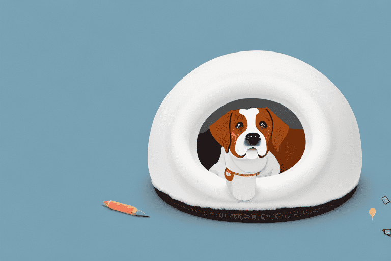 A comfortable igloo type dog bed with a happy dog curled up inside