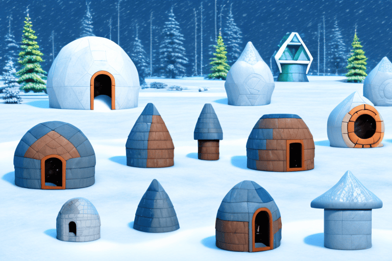 Several different types of igloo dog houses in a snowy landscape