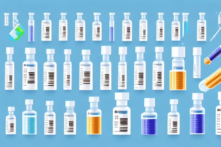 Various types of insulin vials and syringes next to a variety of dog breeds