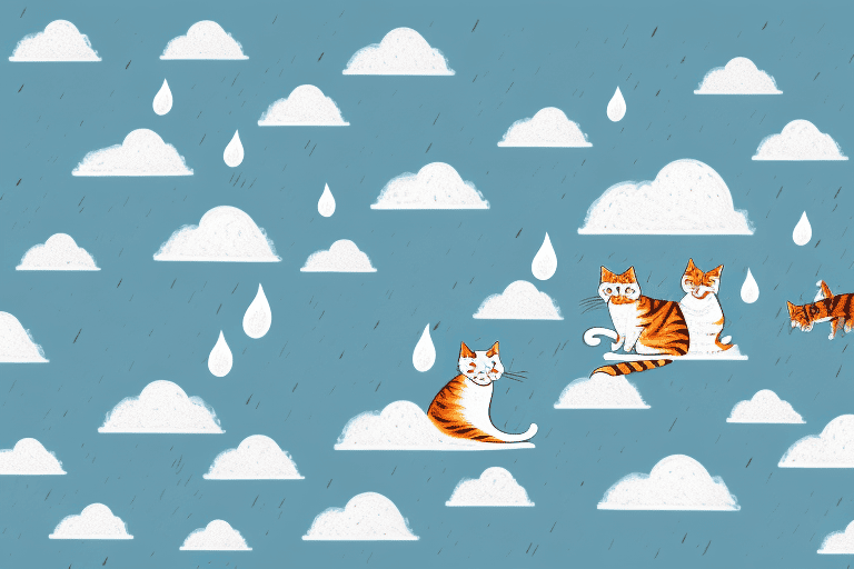 A whimsical scene where cats and dogs are falling from a stormy sky