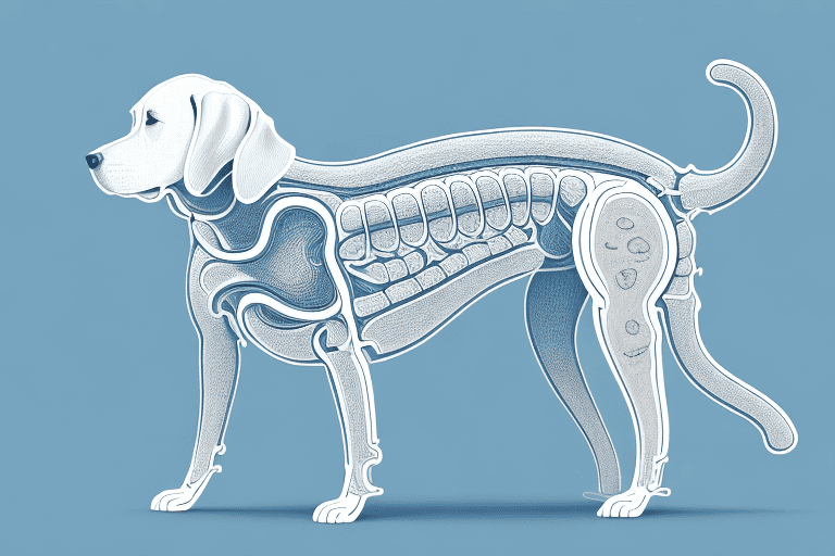 A dog in a relaxed pose with a semi-transparent view that highlights the spinal cord