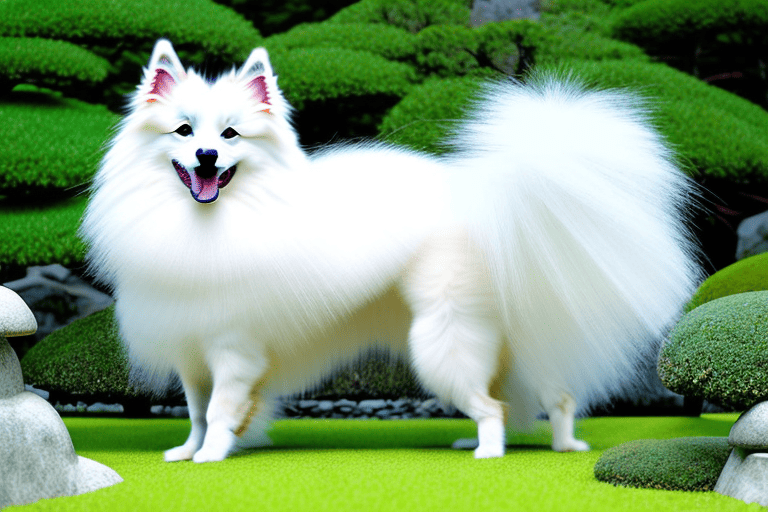 A playful japanese spitz dog showcasing its distinct white fur