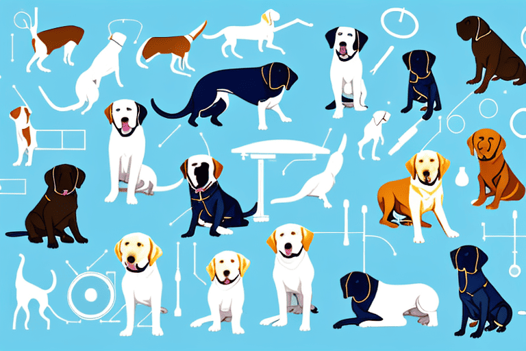 Several different types of labrador dogs in a laboratory setting