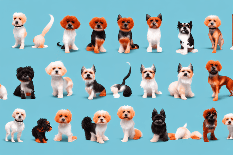 Several different small dog breeds in various playful poses