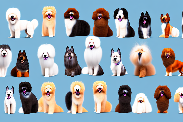 Various types of fluffy dogs in different poses and sizes