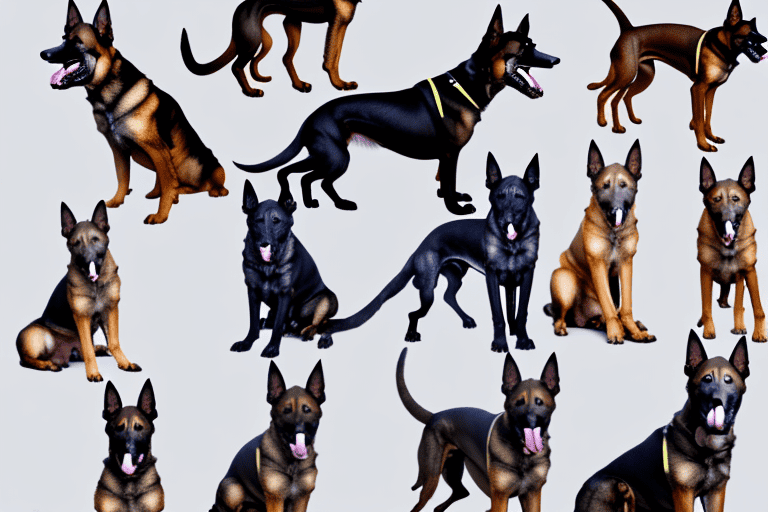 Several distinct malinois dogs showcasing their different types such as show line