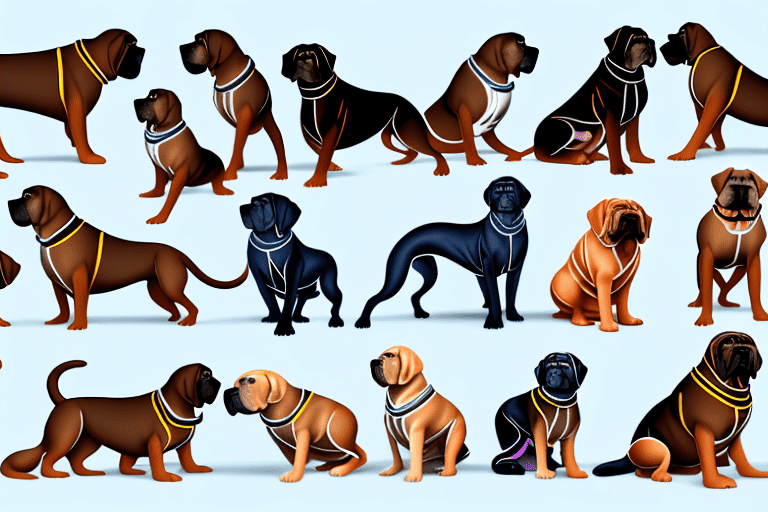 Several distinct types of mastiff dogs in various poses