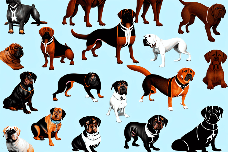 Several different breeds of molosser type dogs