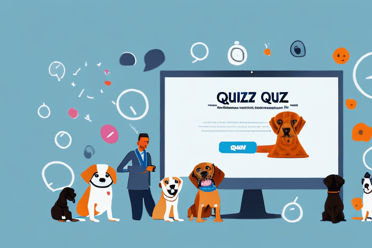 Several diverse dog breeds eagerly looking at a computer screen displaying a quiz