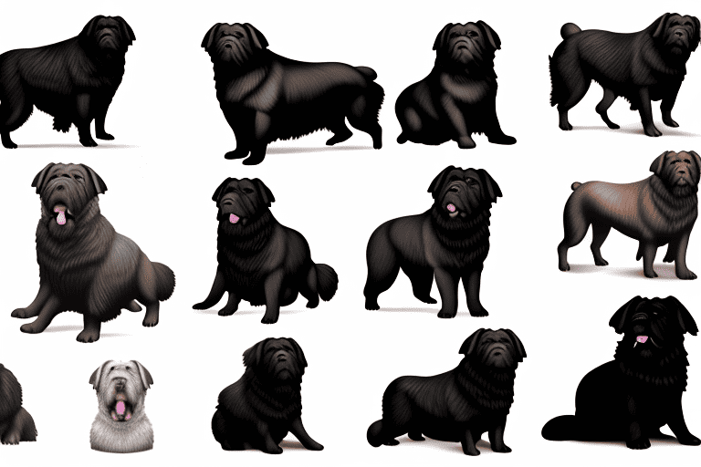 Several distinct types of newfoundland dogs in various poses to highlight their unique features and colors