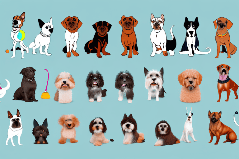 Various dog breeds of different sizes and colors