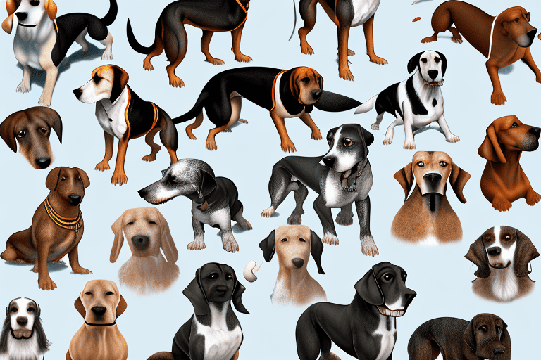 Several distinct types of hound dogs in various poses to showcase their unique characteristics and differences