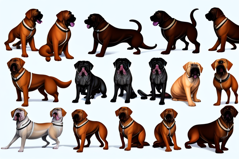 Various types of mastiff dog breeds in different poses