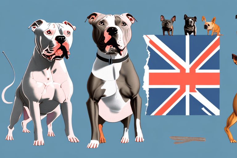 A few different types of pitbull dogs with distinctive features in a british setting