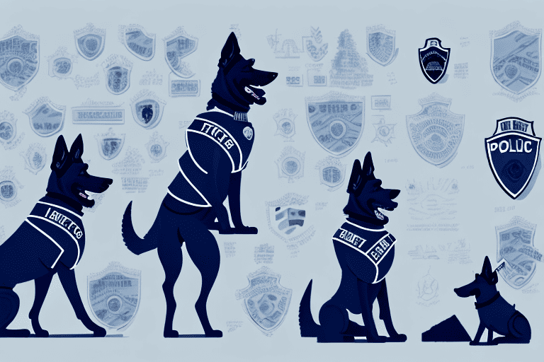 Several different types of police dogs like german shepherds and belgian malinois