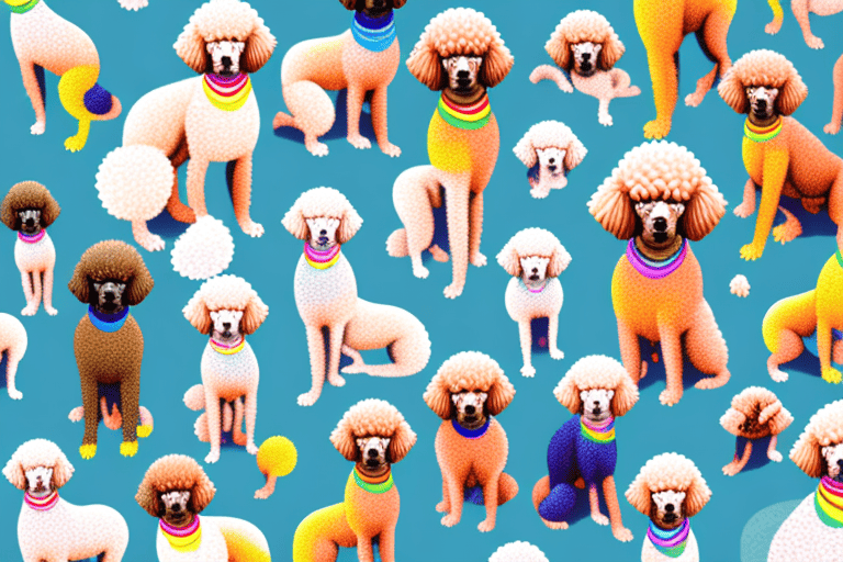 Several distinct types of poodles in various poses and colors to highlight their unique features and differences