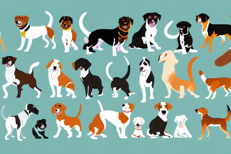 A diverse group of mixed breed dogs in various sizes