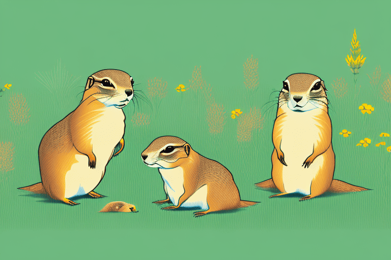 A diverse group of prairie dog-type animals interacting in their natural grassland habitat