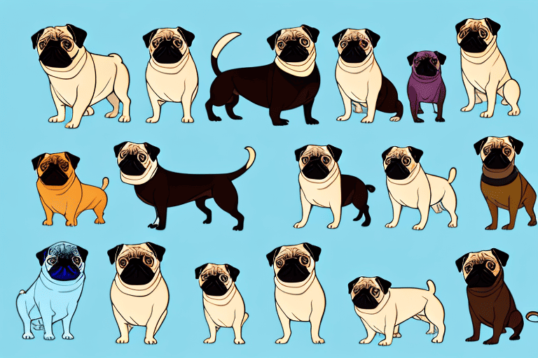 Several different types of pug breed dogs