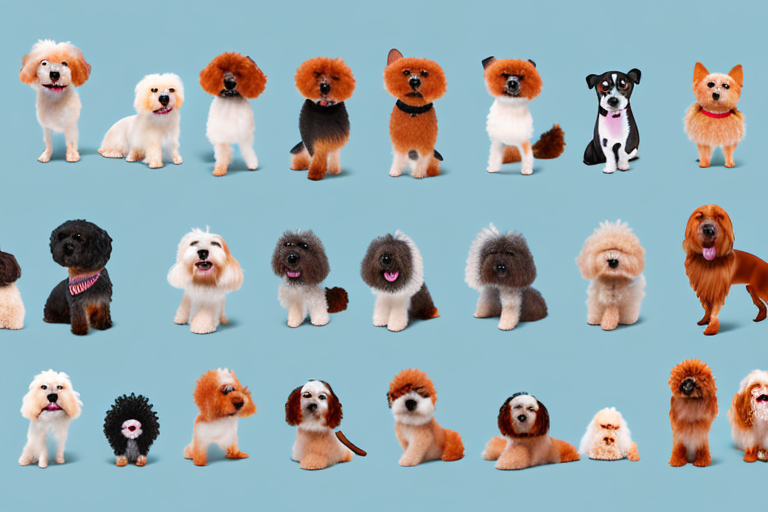 A variety of different miniature dog breeds in playful poses