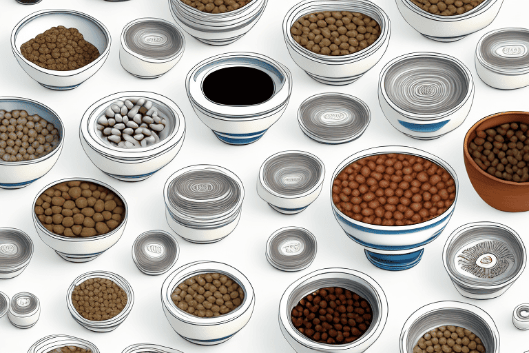 Several different bowls filled with various types of purina dog food