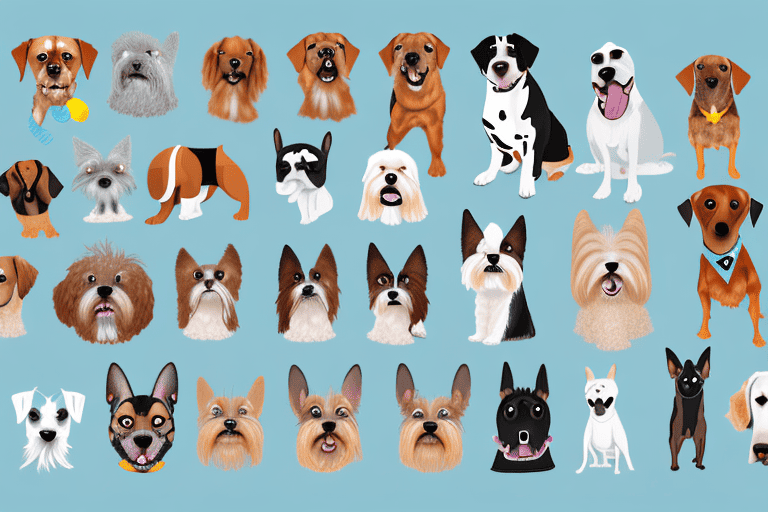 A variety of different dog breeds in a playful setting