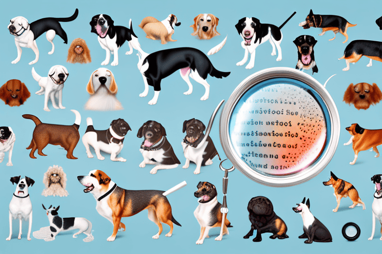 A variety of different dog breeds with a magnifying glass hovering over them