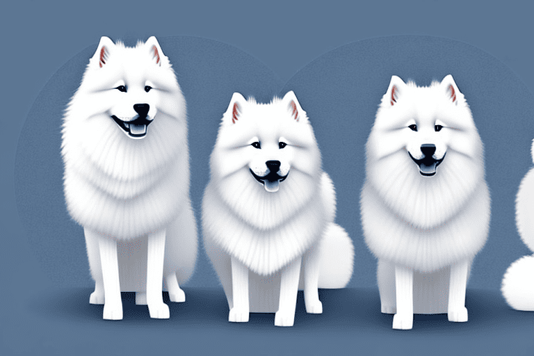 Several distinct samoyed dogs showcasing their various types and characteristics