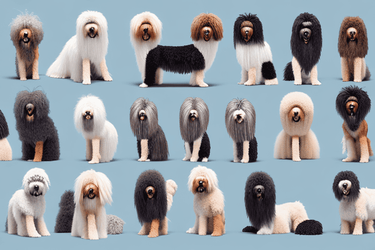 Several distinct types of shaggy dog breeds in various playful poses